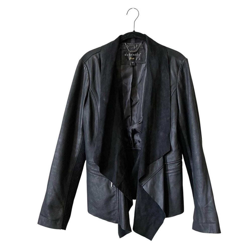 Bernardo Moto Leather Jacket Women's Size M Black Draped Open Front Pockets Rock
